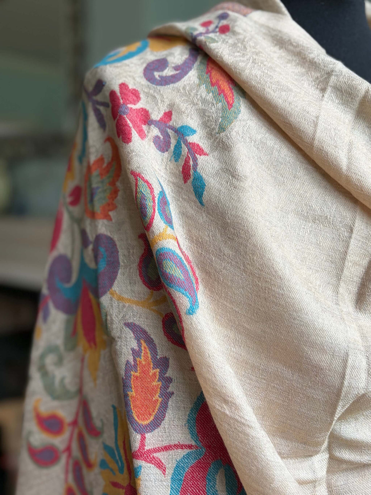 Kani Pure Wool Stole - Beige with border