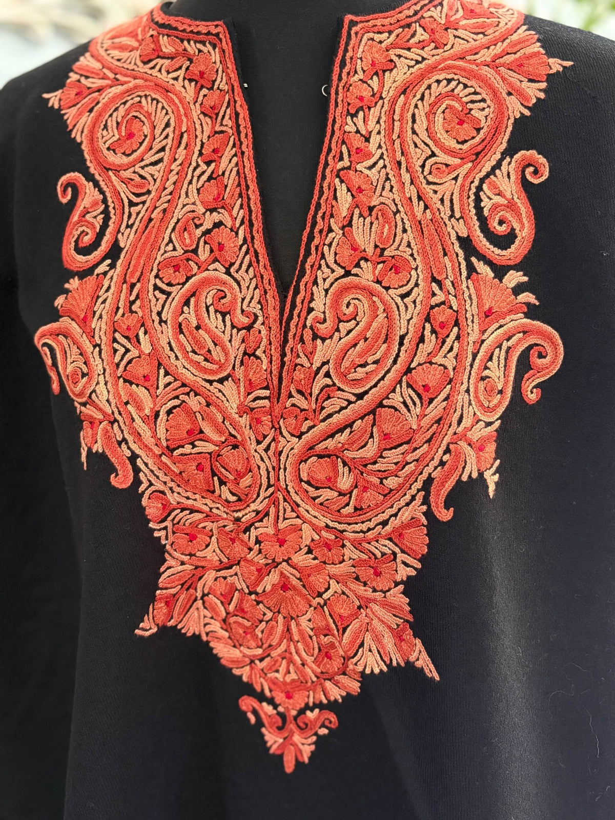 Women's Pure Wool Embroidered Poncho - Black/Red