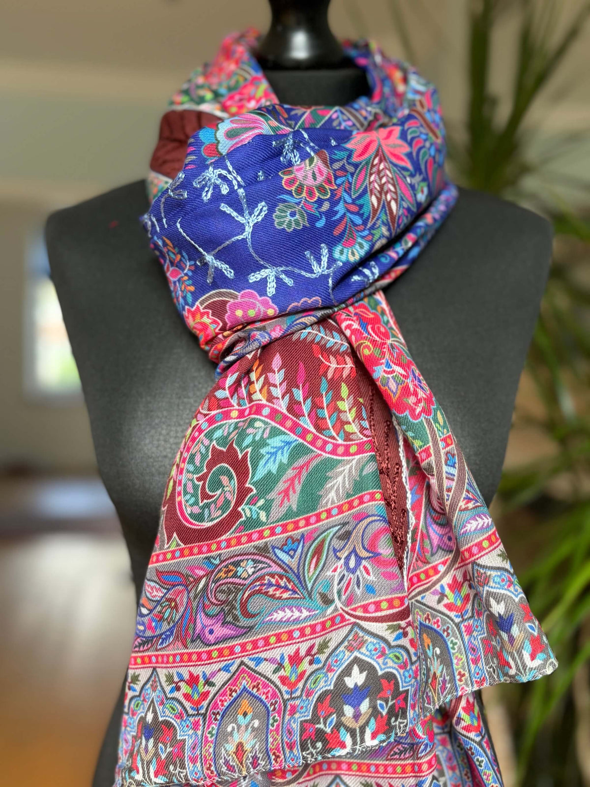 Cotton Silk Kalamkari Stole with Threadwork - Blue