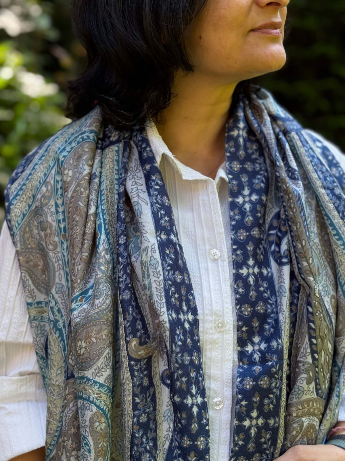 Pure Pashmina Kalamkari Embroidered Stole - Blue