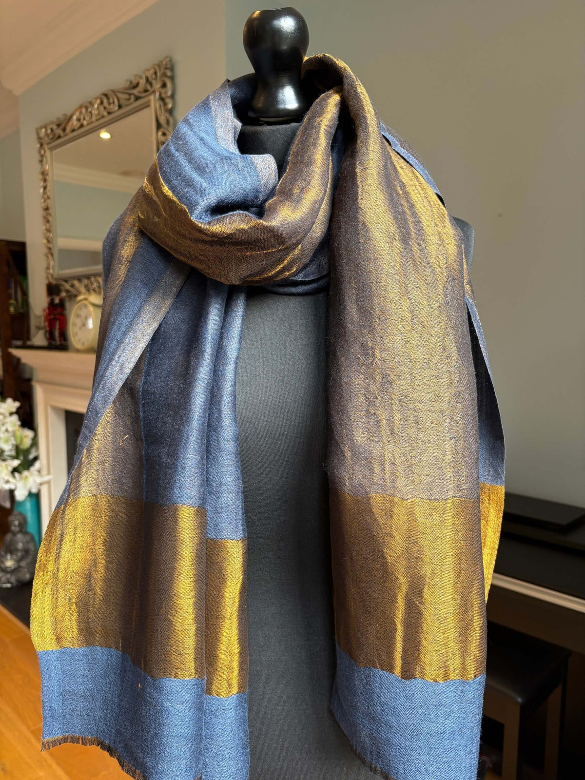 Navy Blue Fine Wool Stole with Zari Border