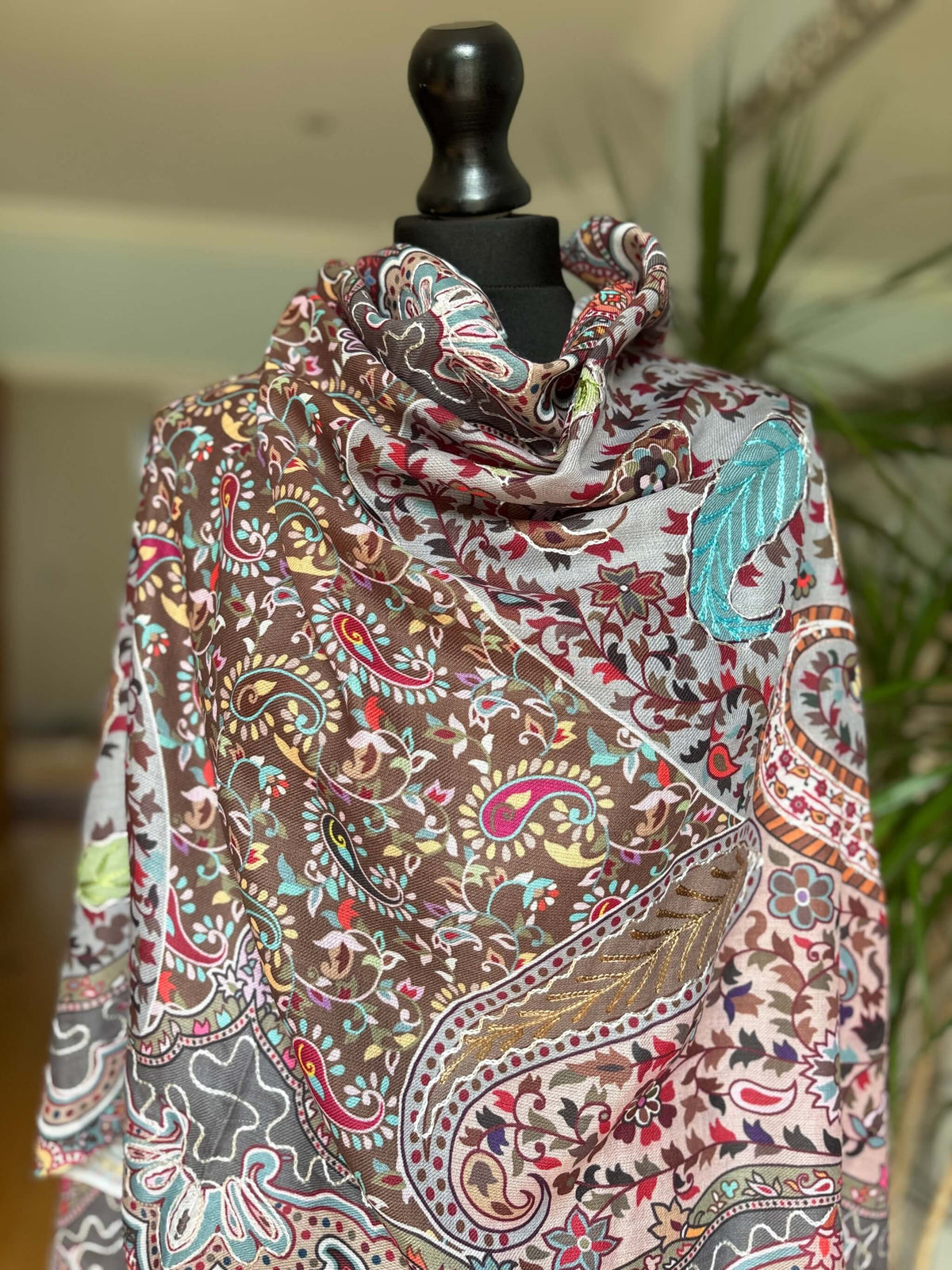 Cotton Silk Kalamkari Stole with Thread work - Grey Brown