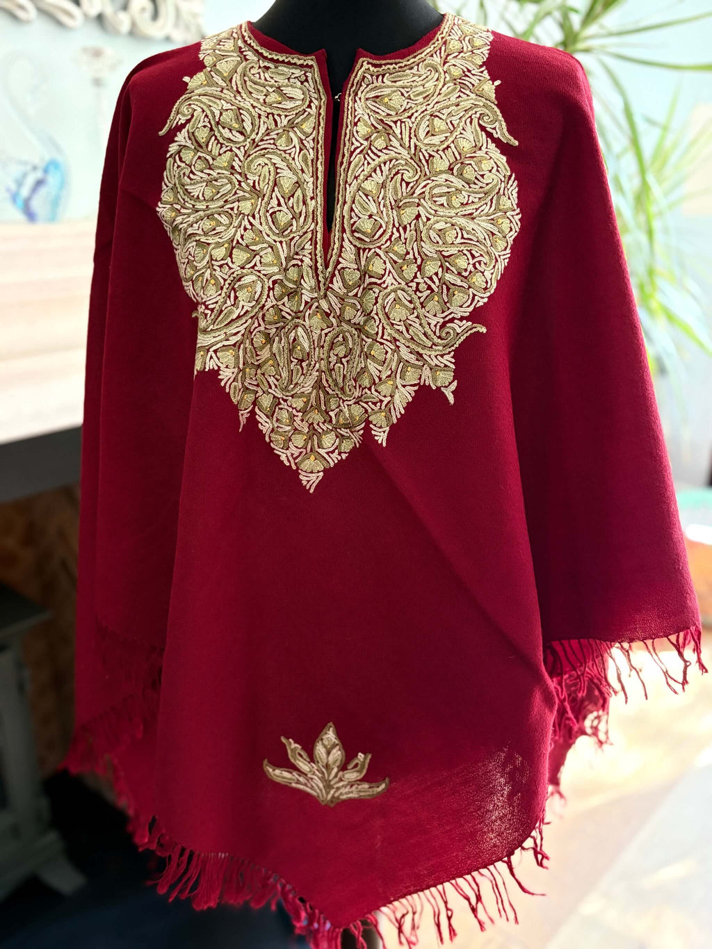 Women's Pure Wool Embroidered Poncho - Burgundy/Green