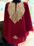 Women's Pure Wool Embroidered Poncho - Burgundy/Green