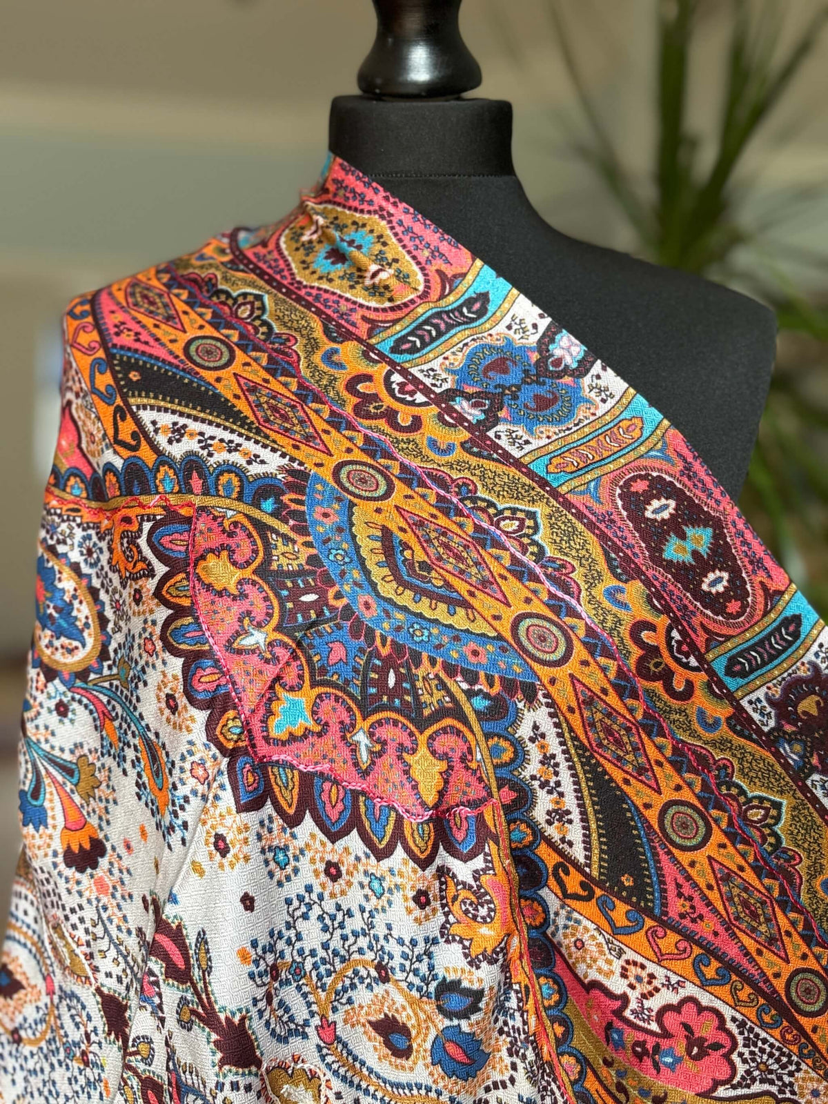 Cotton Silk Kalamkari Stole with Thread work - Orange Cream