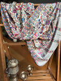 Fine wool Kalamkari Embroidered Stole - Cream base/ Blue Grey border