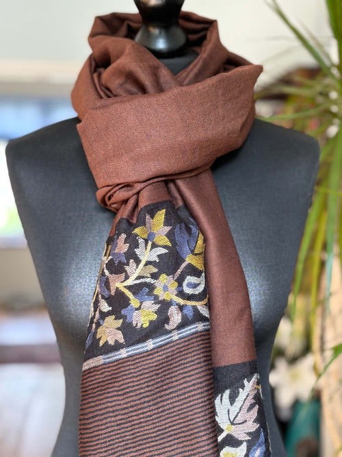 Brown Fine Wool Stole with Kani palla (Border)