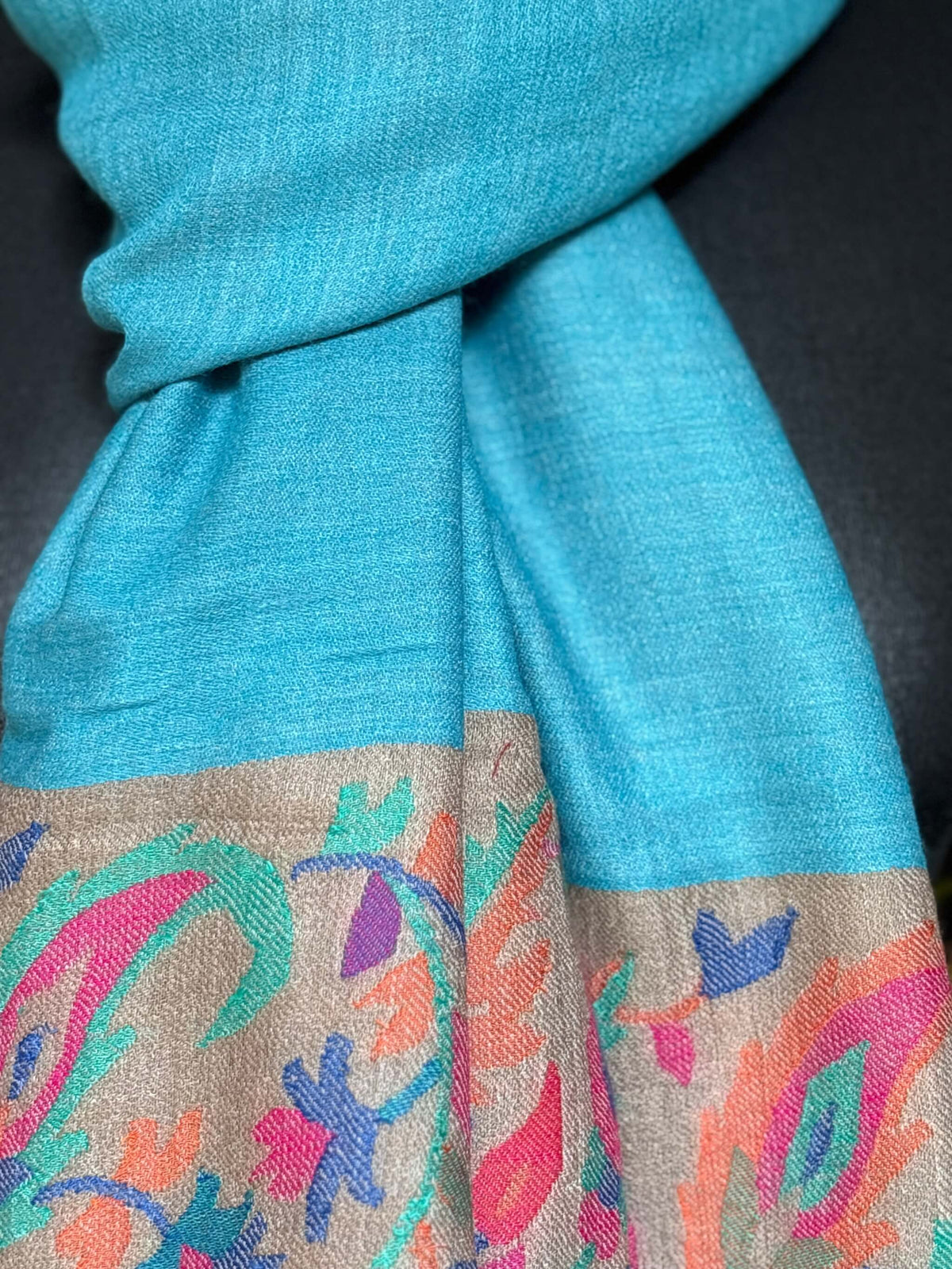 Sea Blue Fine Wool Stole with Kani palla (Border)