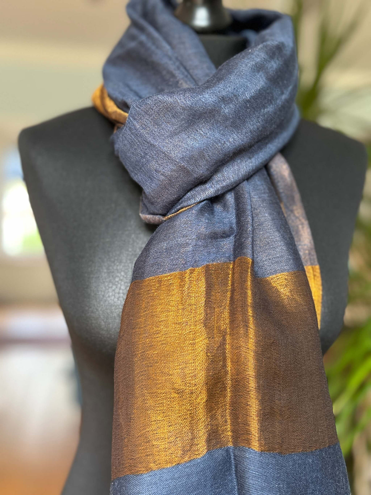 Navy Blue Fine Wool Stole with Zari Border