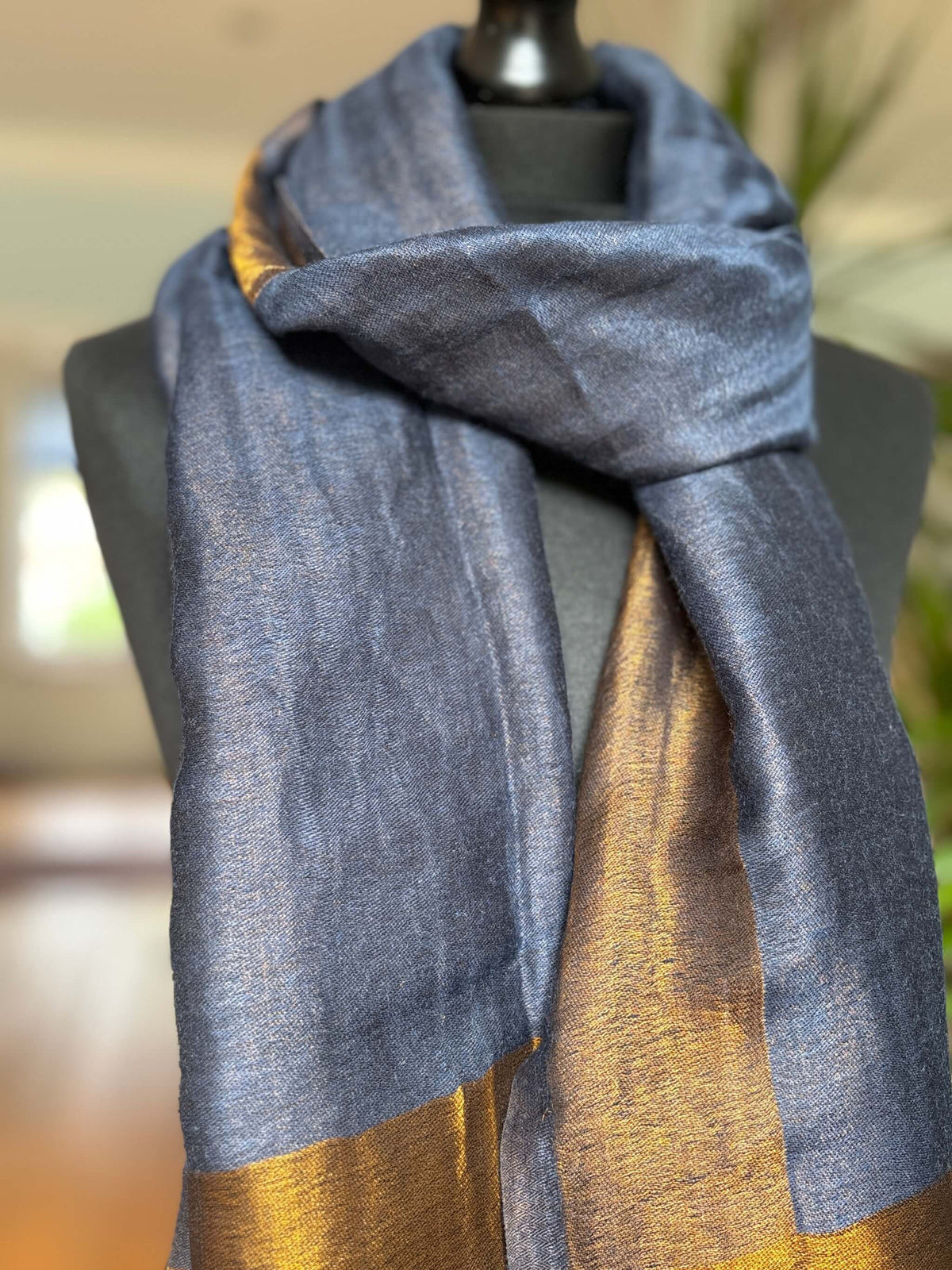 Navy Blue Fine Wool Stole with Zari Border