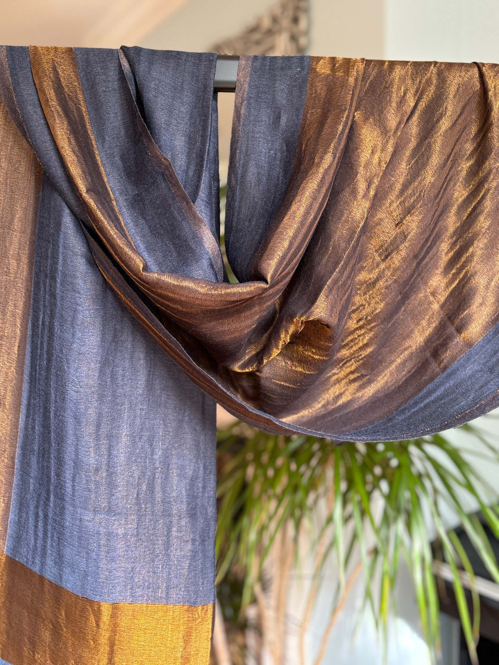 Navy Blue Fine Wool Stole with Zari Border