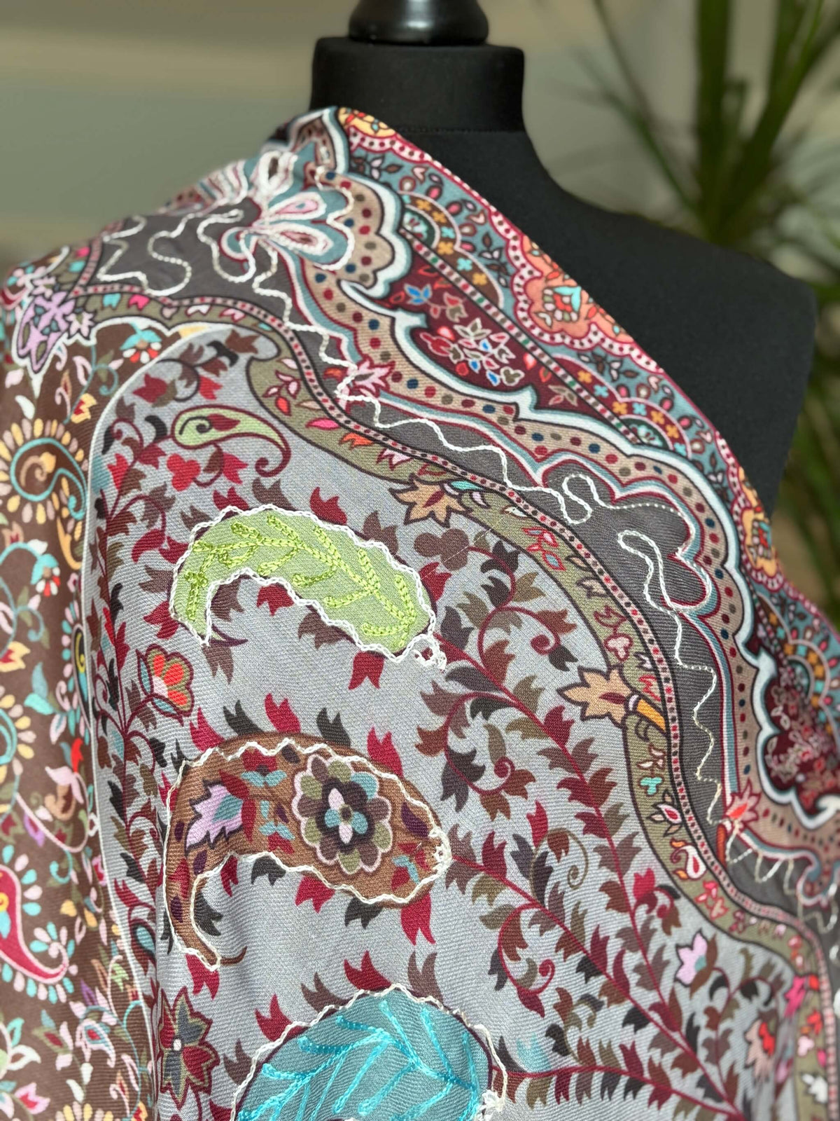 Cotton Silk Kalamkari Stole with Thread work - Grey Brown