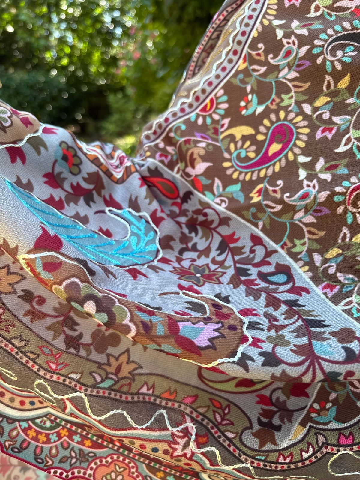 Cotton Silk Kalamkari Stole with Thread work - Grey Brown