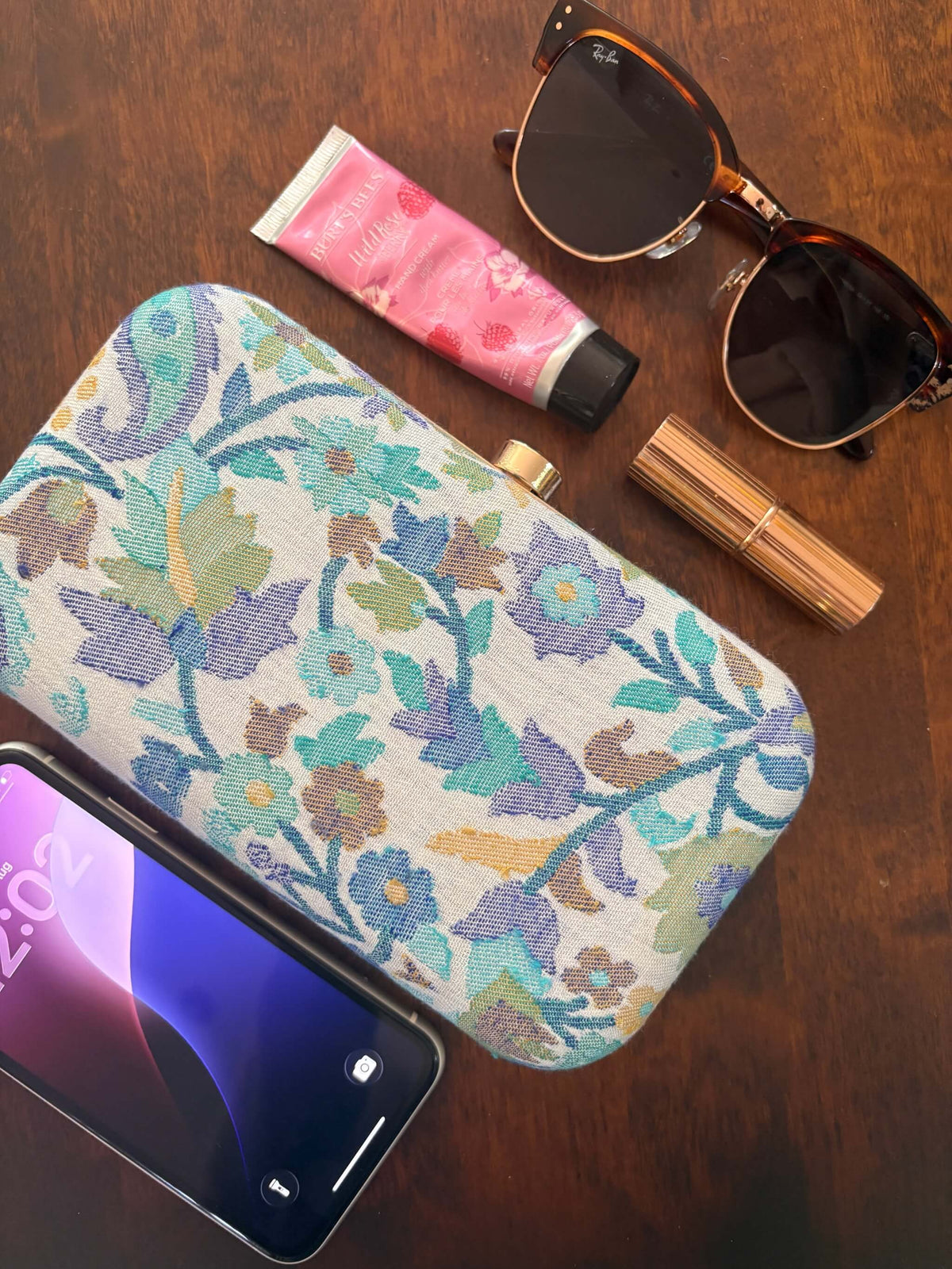Ivory and blue Kani Pattern Clutch Bag