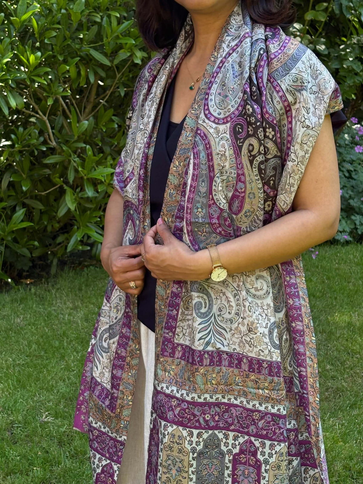 Pure Pashmina Kalamkari Embroidered Stole - Mulberry
