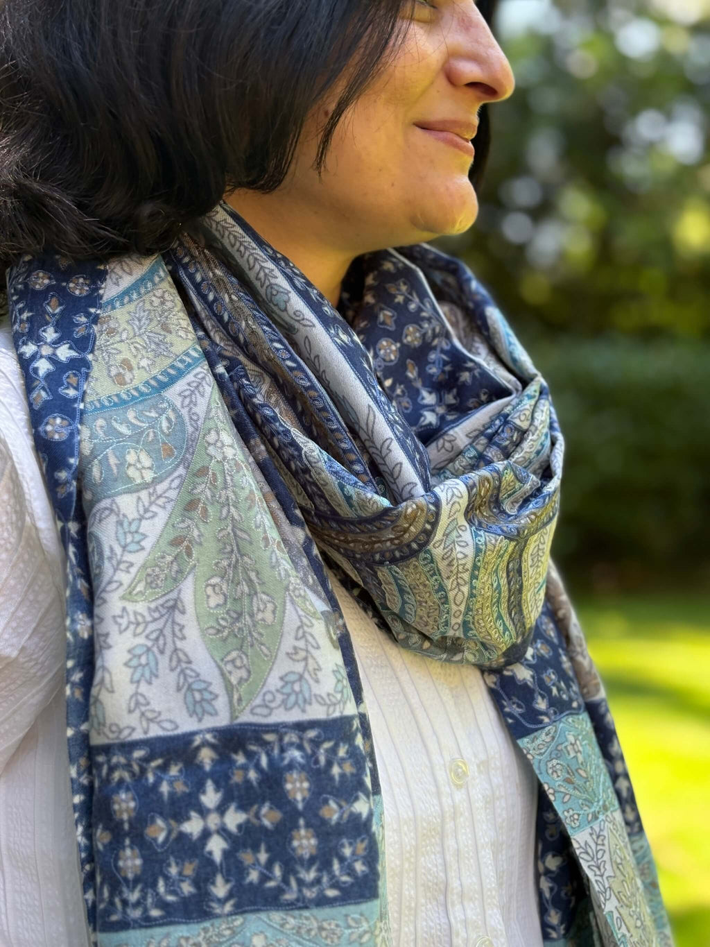 Pure Pashmina Kalamkari Embroidered Stole - Blue