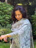 Pure Pashmina Kalamkari Embroidered Stole - Sage green and Grey