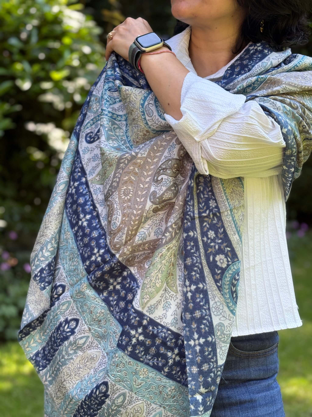 Pure Pashmina Kalamkari Embroidered Stole - Blue