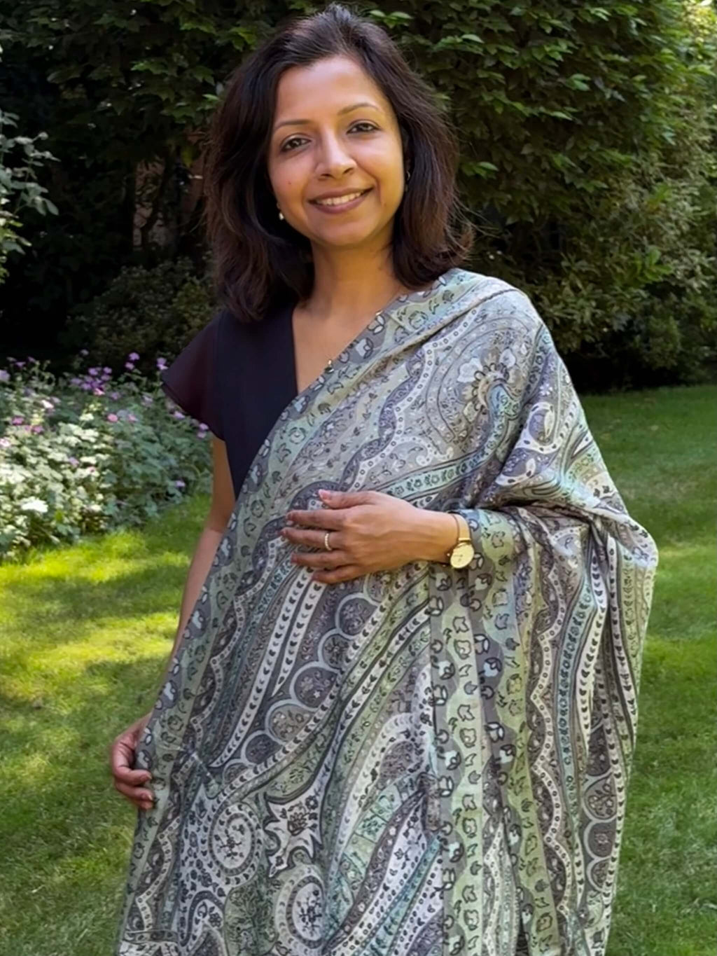 Pure Pashmina Kalamkari Embroidered Stole - Sage green and Grey
