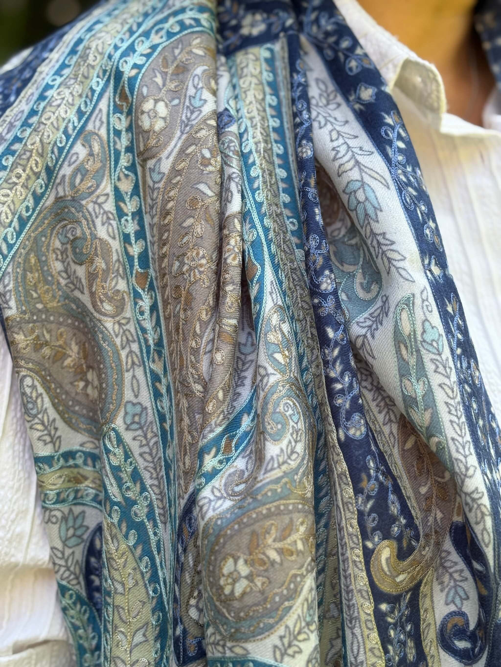 Pure Pashmina Kalamkari Embroidered Stole - Blue