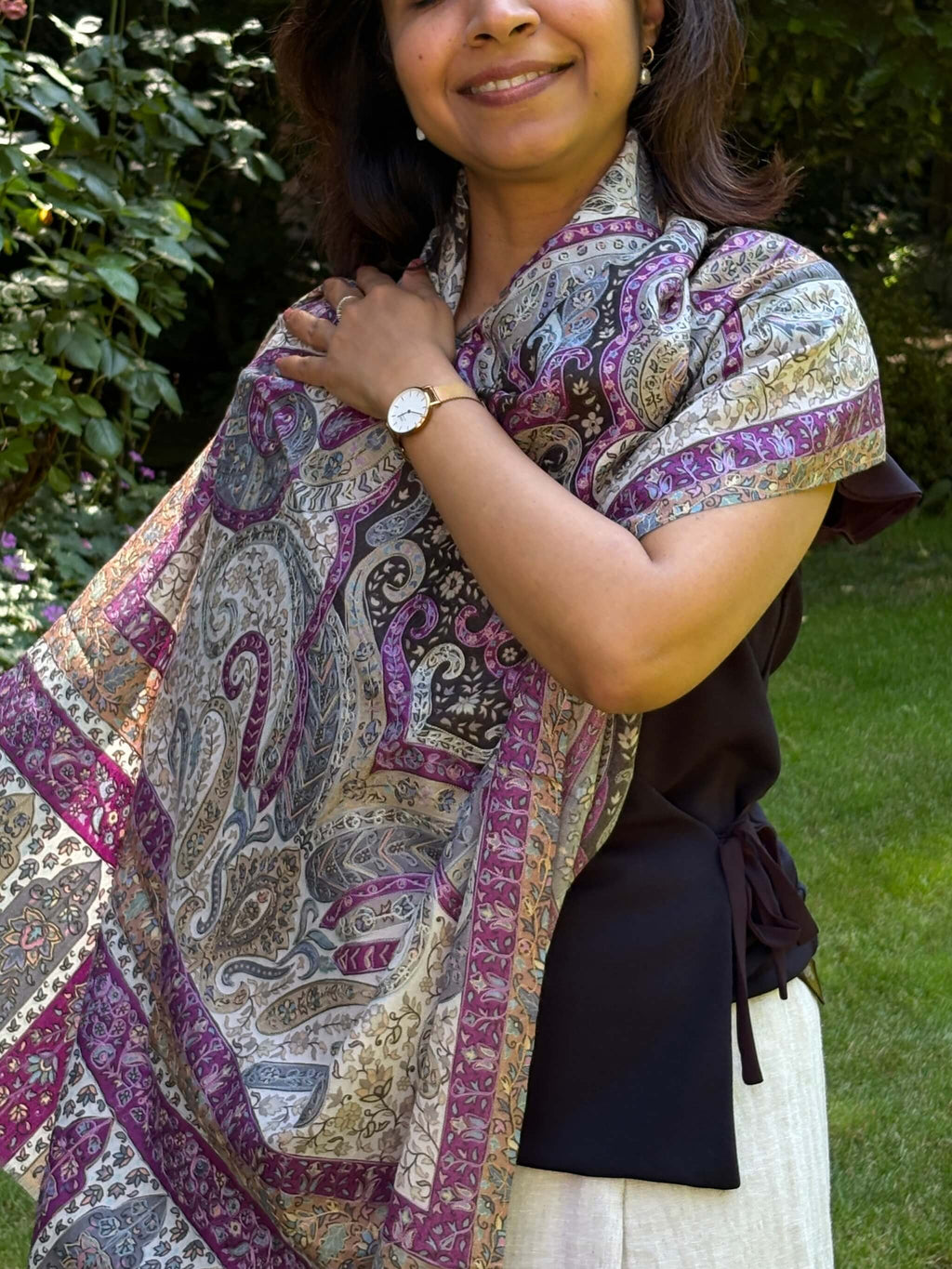 Pure Pashmina Kalamkari Embroidered Stole - Mulberry