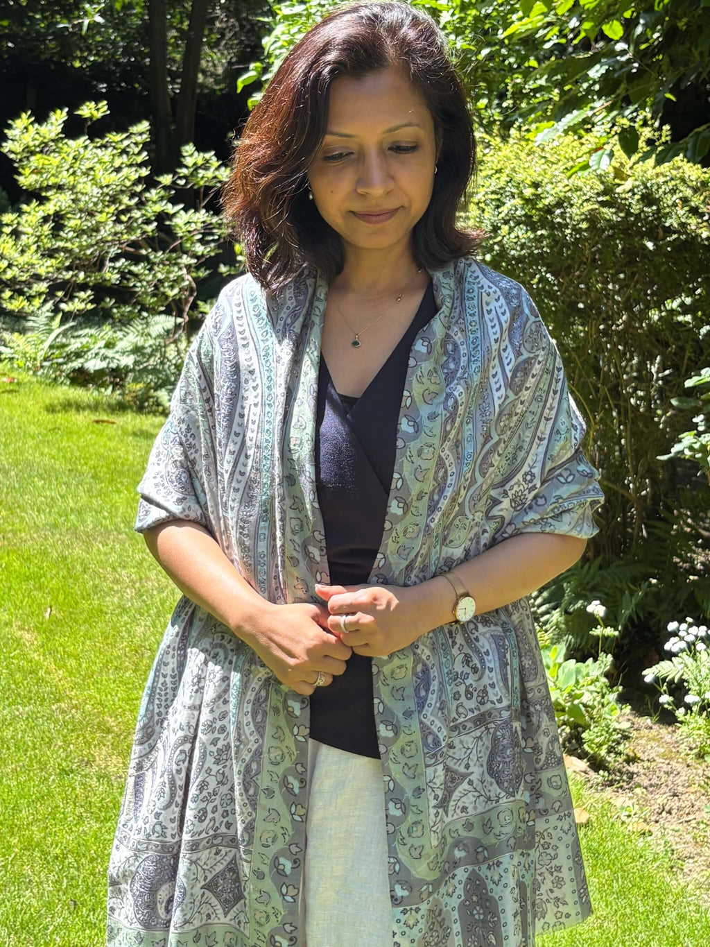 Pure Pashmina Kalamkari Embroidered Stole - Sage green and Grey