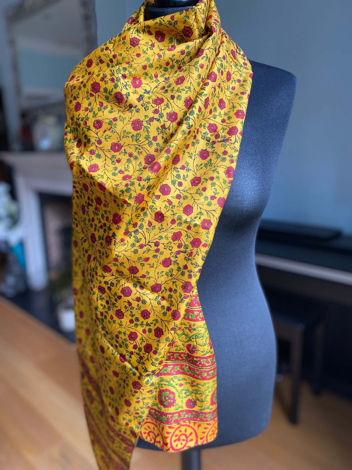 Yellow Pure Silk Hand Block Printed Scarf