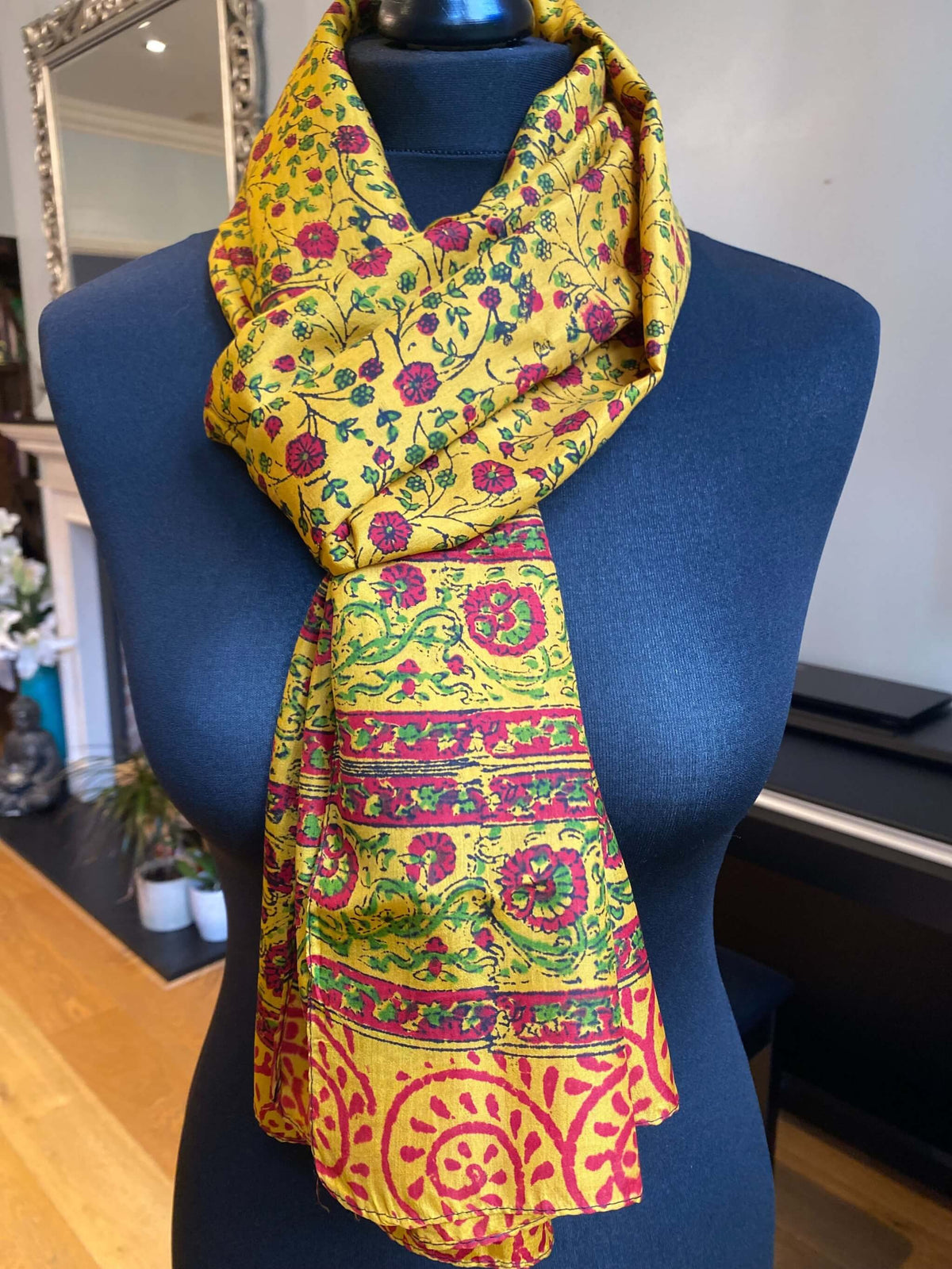 Yellow Pure Silk Hand Block Printed Scarf