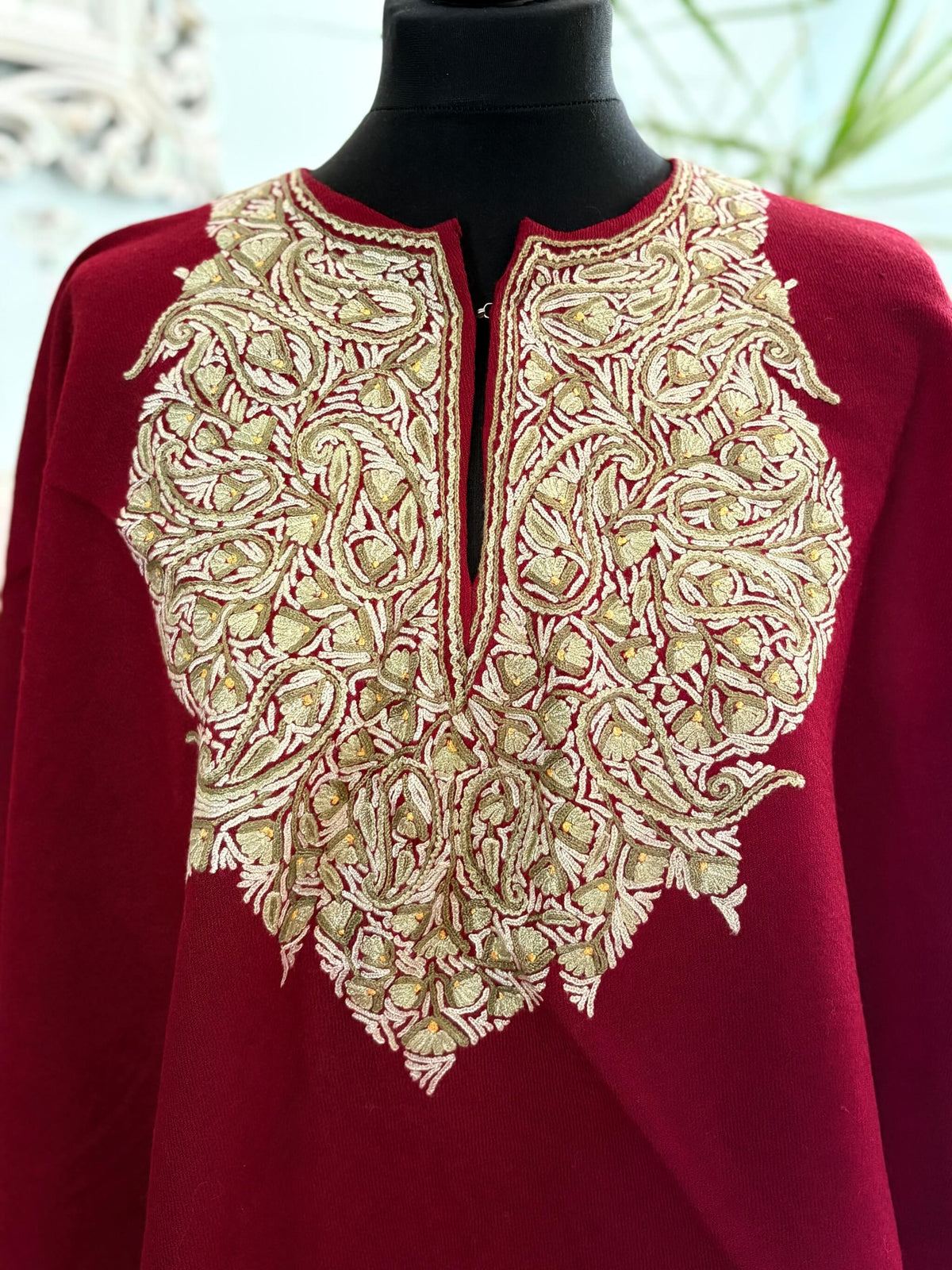 Women's Pure Wool Embroidered Poncho - Burgundy/Green