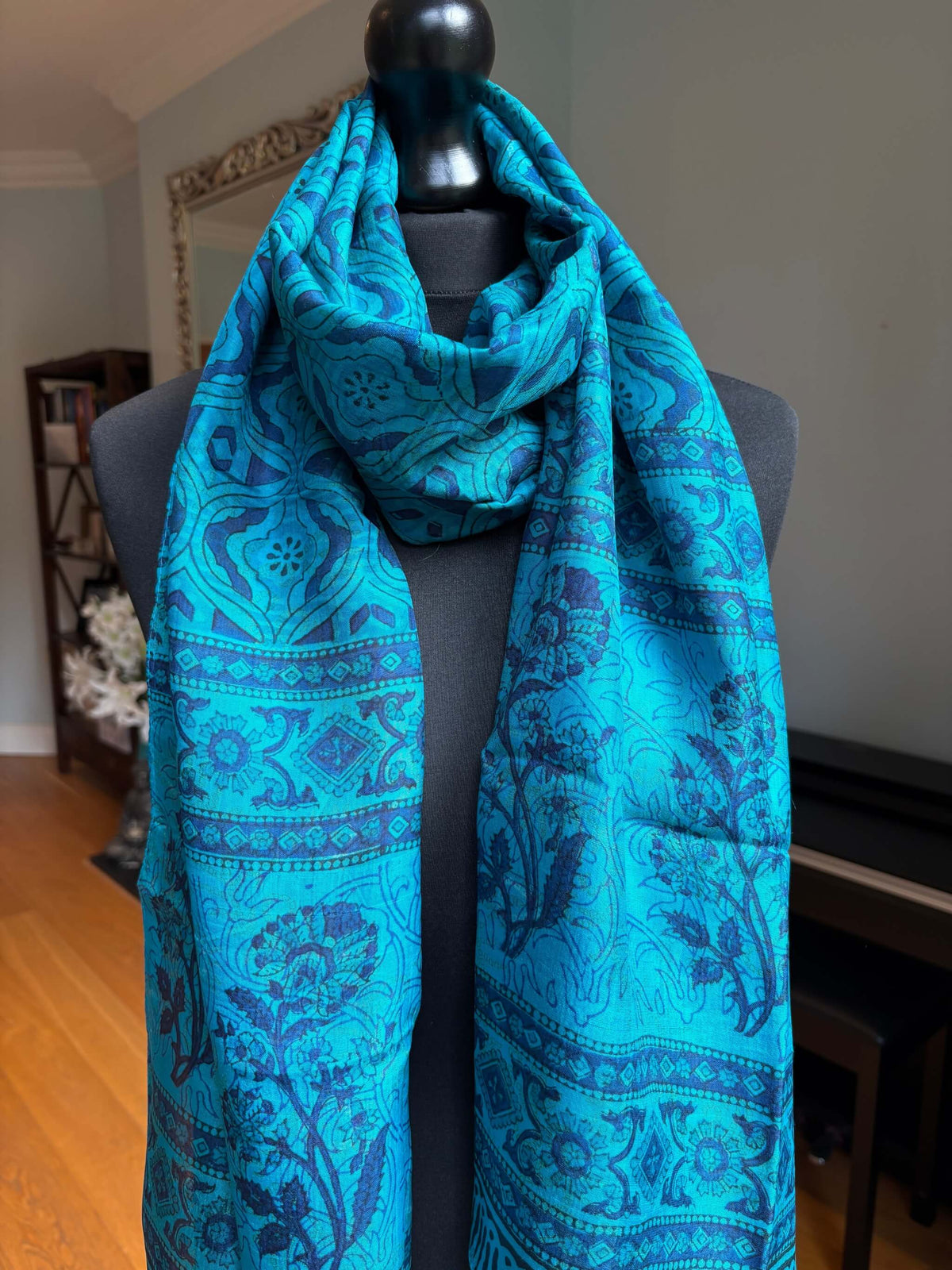 Sea Blue Pure Silk Hand Block Printed Scarf