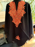 Women's Pure Wool Embroidered Poncho - Black/Red