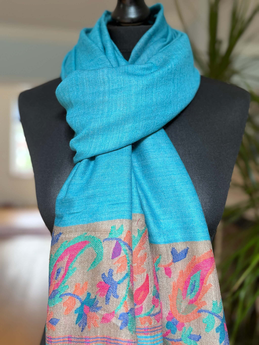 Sea Blue Fine Wool Stole with Kani palla (Border)