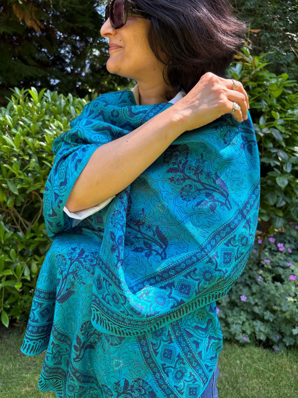 Sea Blue Pure Silk Hand Block Printed Scarf
