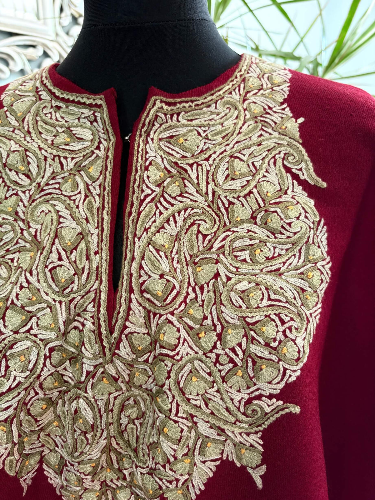 Women's Pure Wool Embroidered Poncho - Burgundy/Green